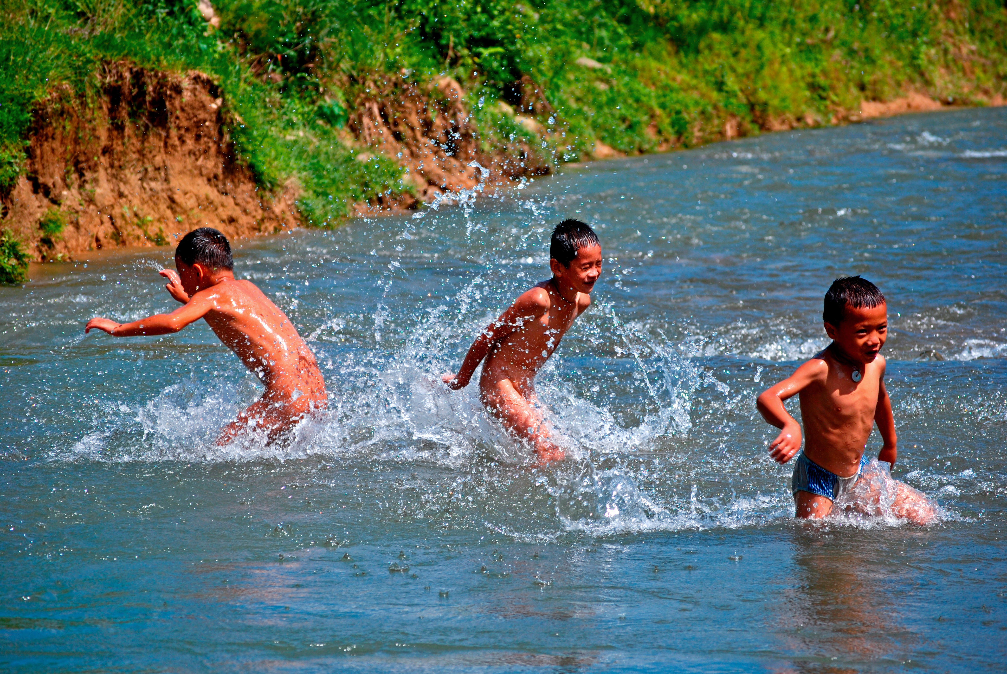 农村戏水的村童图片