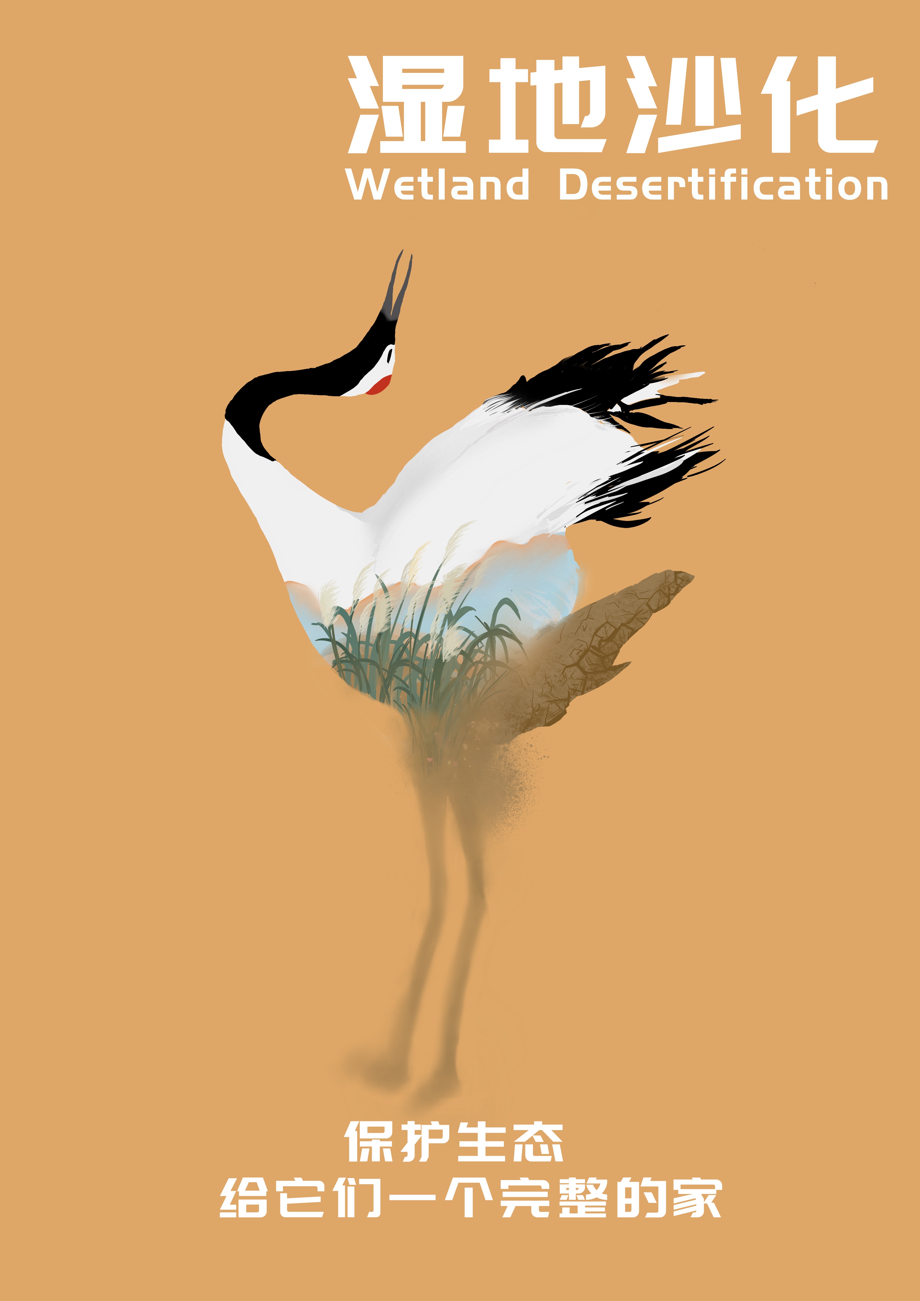 海报以丹顶鹤,鹿,北极熊的当前生存环境进行系列作品创作.